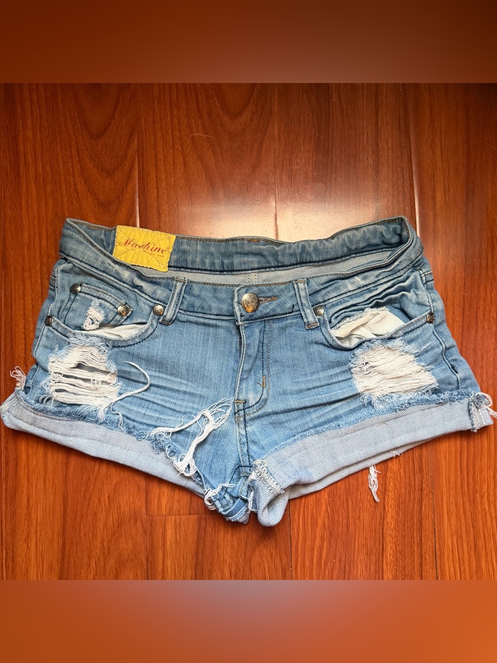 Machine Light Blue Distressed Roll-Cuff Denim Shorts